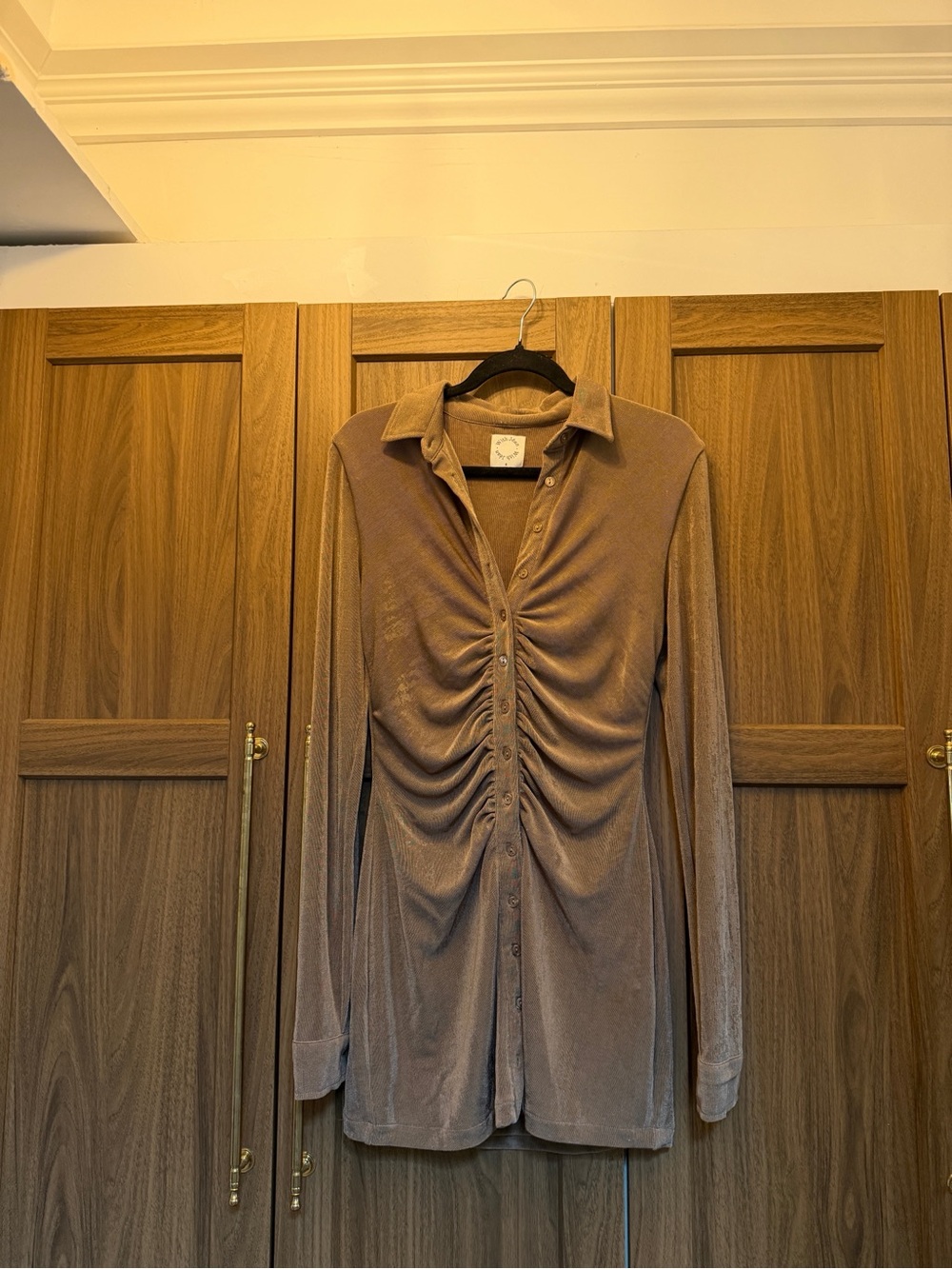 With Jean Brown Ruched Long-Sleeve Button-Up Dress